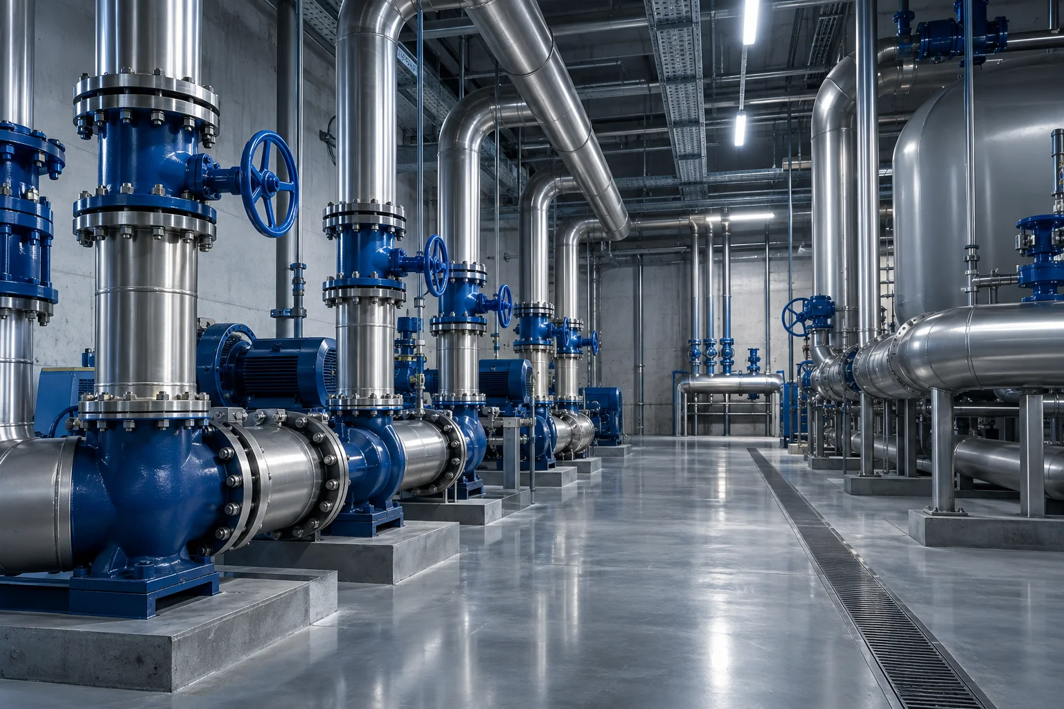 Visualización conceptual de una sala técnica con tuberías de acero y válvulas azules