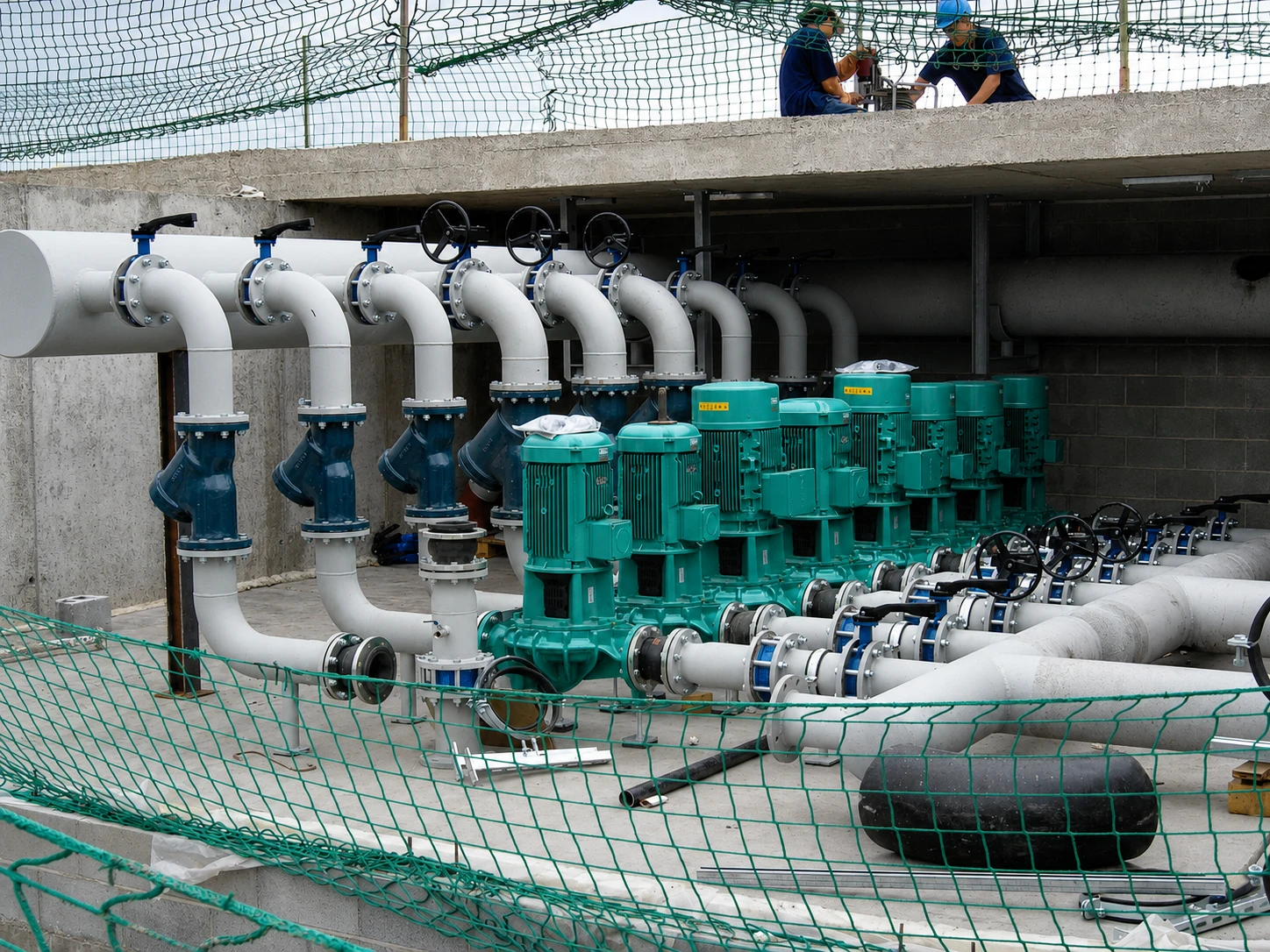 Instalación de Badalona: batería de bombas verdes, colectores y tuberías durante el montaje